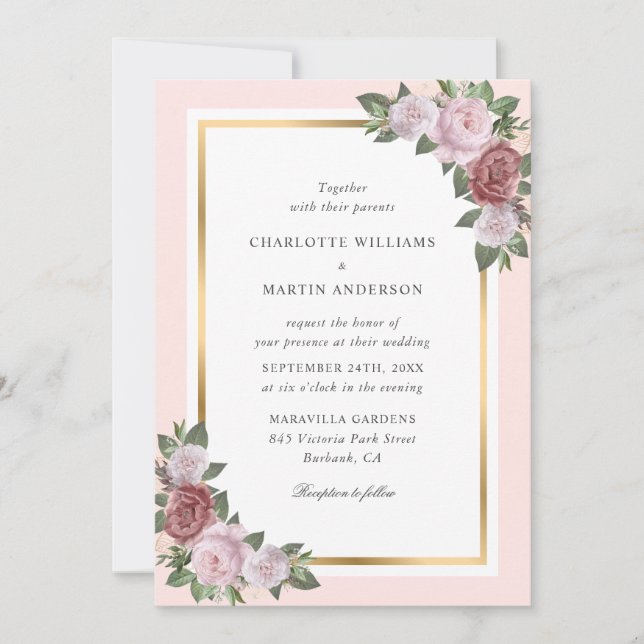 Blush Pink Peach Gold Rahmen Blumenzehen Einladung (Vorderseite)