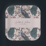 Blush Pink Peacocks & Magnolia Flowers Pappteller<br><div class="desc">These elegant Blush Pink Peacocks & Magnolia Flowers Paper Plates feature hand-drawn blue and teal peacocks perched on blooming magnolia branches in delicate black ink against a soft blush pink background. Personalize with initials, names, and a wedding date for a refined custom touch. Perfect for wedding receptions, bridal showers, engagement...</div>