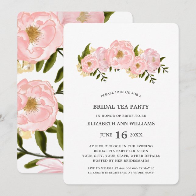 Blush Pink Peonies Bridal Tee Party Einladung (Vorne/Hinten)