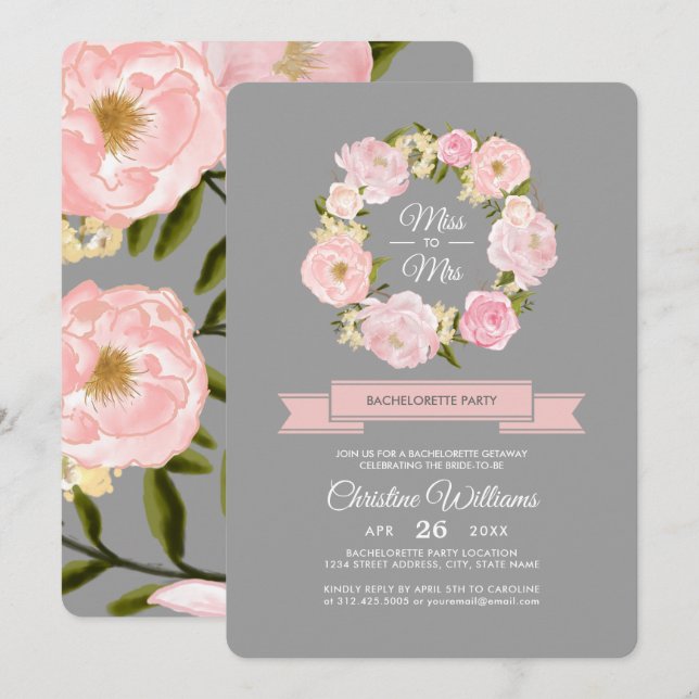 Blush Pink Peonies Grau Junggeselinnen-Abschied Einladung (Vorne/Hinten)
