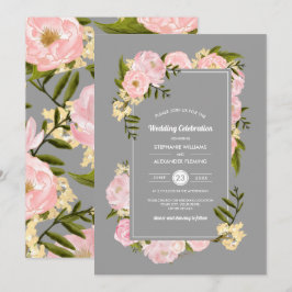 Blush Pink Peonies Gray Watercolor Wedding Einladung