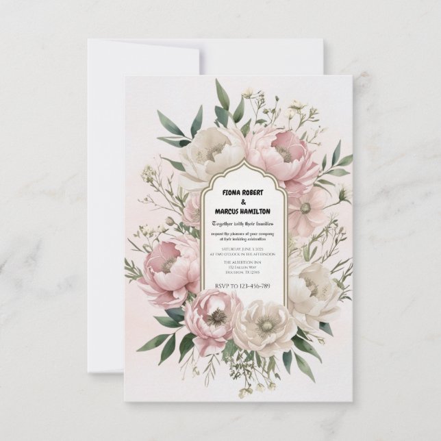 Blush Pink Peonies & Greenery Romantischer Boho RSVP Karte (Vorderseite)