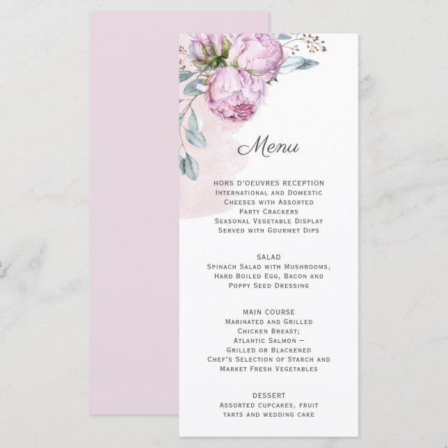 Blush Pink Peonies Grüne Hochzeit Menükarte (Vorne/Hinten)