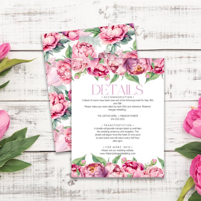 Blush Pink Peonies Watercolor Hochzeitdetails Begleitkarte (Von Creator hochgeladen)