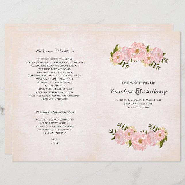Blush Pink Peonies Watercolor Hochzeitsprogramme (Vorne/Hinten)