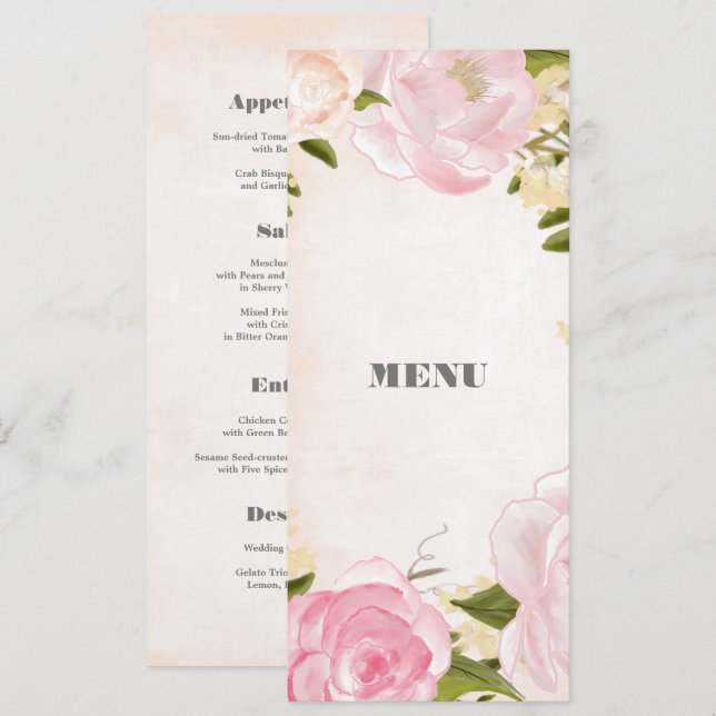 Blush Pink Peonies Watercolor Wedding Menu Card Menükarte (Vorne/Hinten)