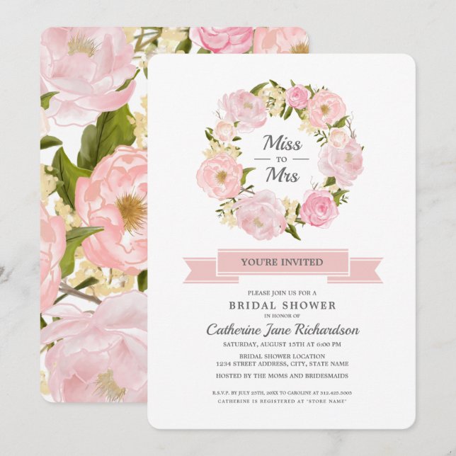 Blush Pink Peonies Wreath Brautparty Einladung (Vorne/Hinten)