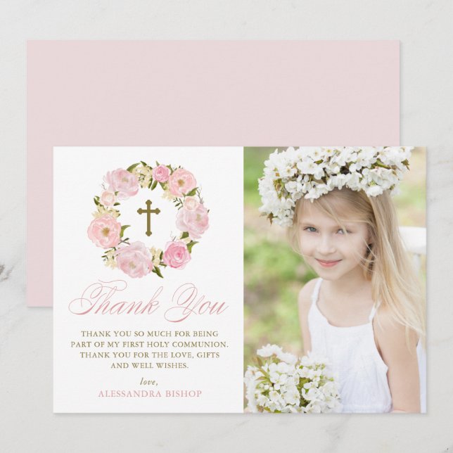 Blush Pink Peonies Wreath Erste Heilige Kommune Dankeskarte (Vorne/Hinten)