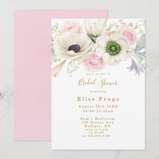 Blush Pink Peony Anemone Gold Brautparty Invit Einladung (Vorne/Hinten)