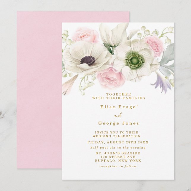 Blush Pink Peony Anemones Blume Gold Hochzeit Einladung (Vorne/Hinten)