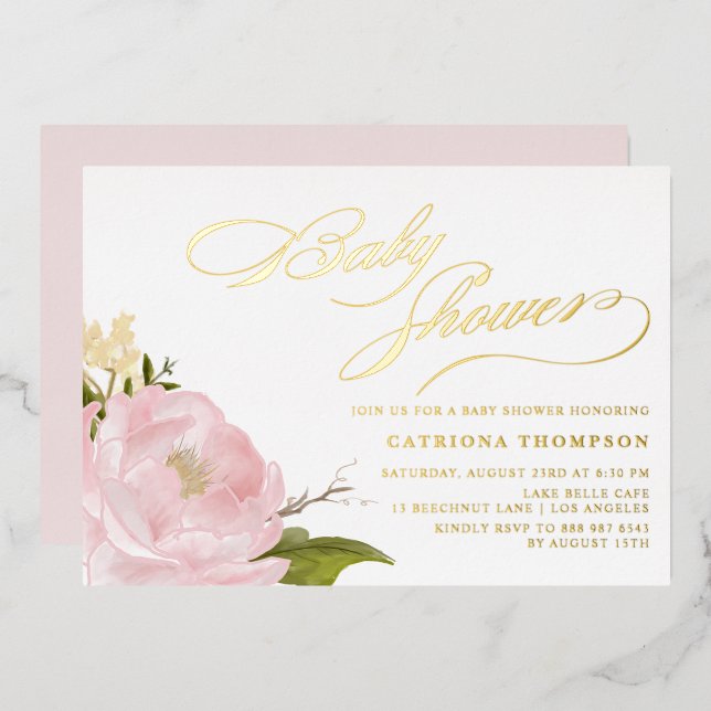 Blush Pink Peony Baby Dusche Gold Folieneinladung (Vorderseite/Rückseite)