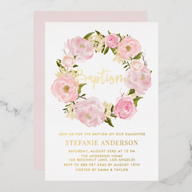 Blush Pink Peony Blume Wreath Baby Girl Taufe Folieneinladung (Vorderseite/Rückseite)
