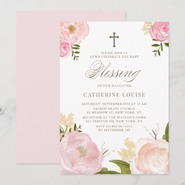 Blush Pink Peony Floral Baby Segen Einladung (Vorne/Hinten)