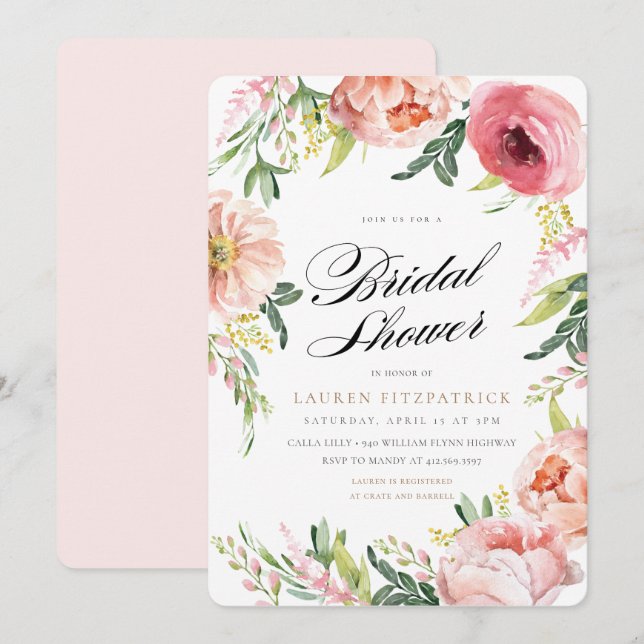 Blush Pink Peony Floral Brautparty Einladung (Vorne/Hinten)