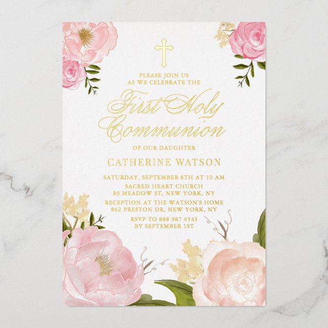 Blush Pink Peony Floral Erste Heilige Kommune Folieneinladung (Vorderseite)
