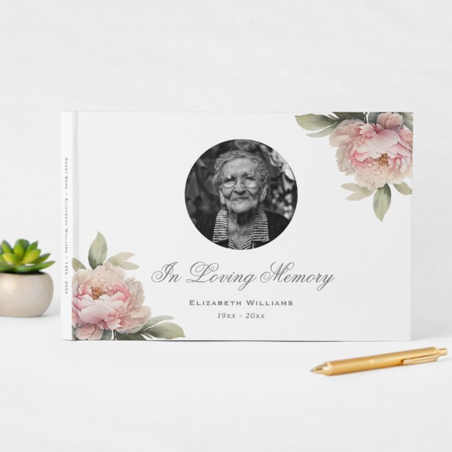 Blush Pink Peony Floral Foto Beerdigung Gedenkstät Gästebuch (nSitu Display)