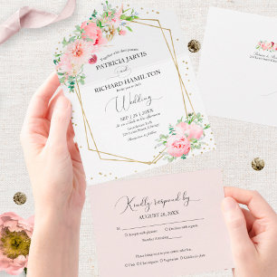Blush Pink Peony Floral Geometric Wedding All In One Einladung