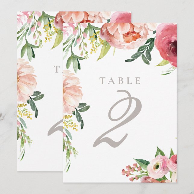 Blush Pink Peony Floral Wedding Tischnummer (Vorne/Hinten)