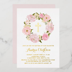 Blush Pink Peony Floral Wreath Baby Girl Taufe Folieneinladung