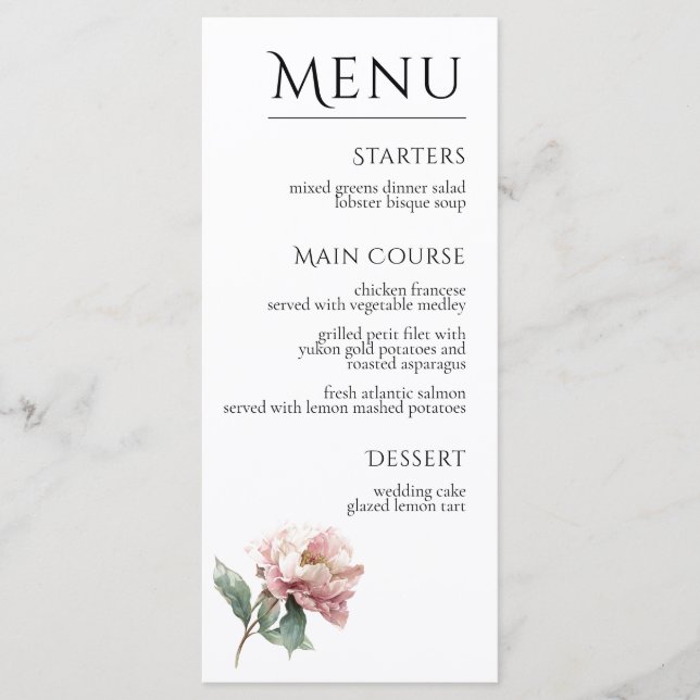 Blush Pink Peony Flower Elegant Dinner Wedding  Menükarte (Vorderseite)