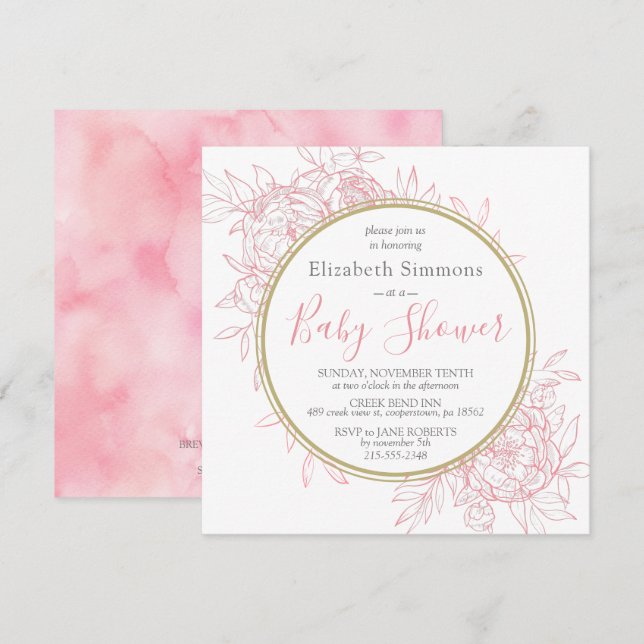 Blush Pink Peony Modern Floral Toile Baby Dusche Einladung (Vorne/Hinten)