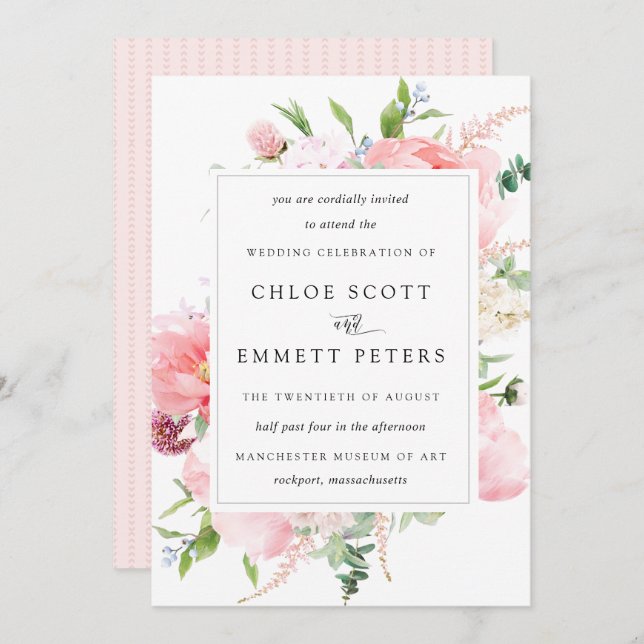Blush Pink Peony Rustic Floral Wedding Einladung (Vorne/Hinten)