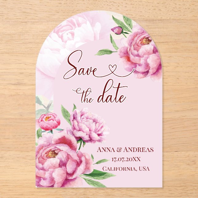 Blush Pink Peony Save the Date Card Acryleinladungen (Vorderseite)