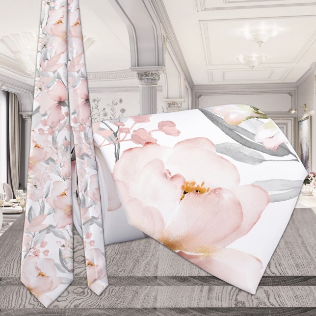 Blush Pink Peony Silver Gray Eukalyptus Wedding Krawatte (Von Creator hochgeladen)
