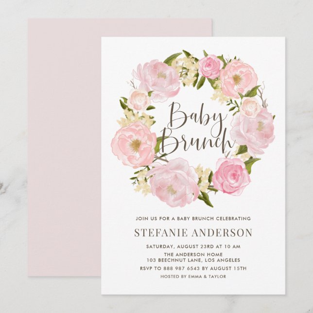 Blush Pink Peony Wreath Baby Brunch Einladung (Vorne/Hinten)
