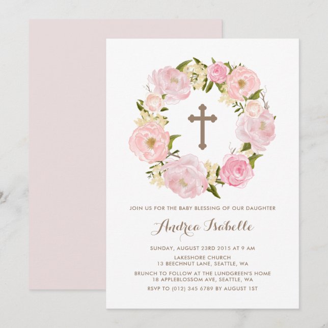 Blush Pink Peony Wreath Baby Segen Einladung (Vorne/Hinten)