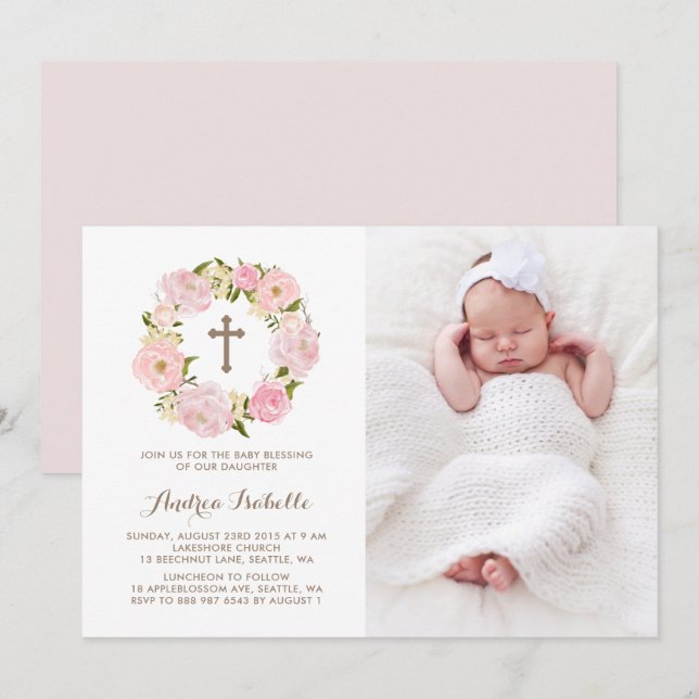 Blush Pink Peony Wreath Foto Segen Einladung (Vorne/Hinten)