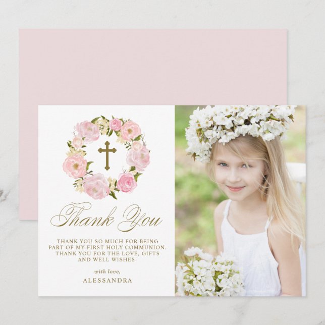 Blush Pink Peony Wreath Gold Erste Heilige Kommune Dankeskarte (Vorne/Hinten)
