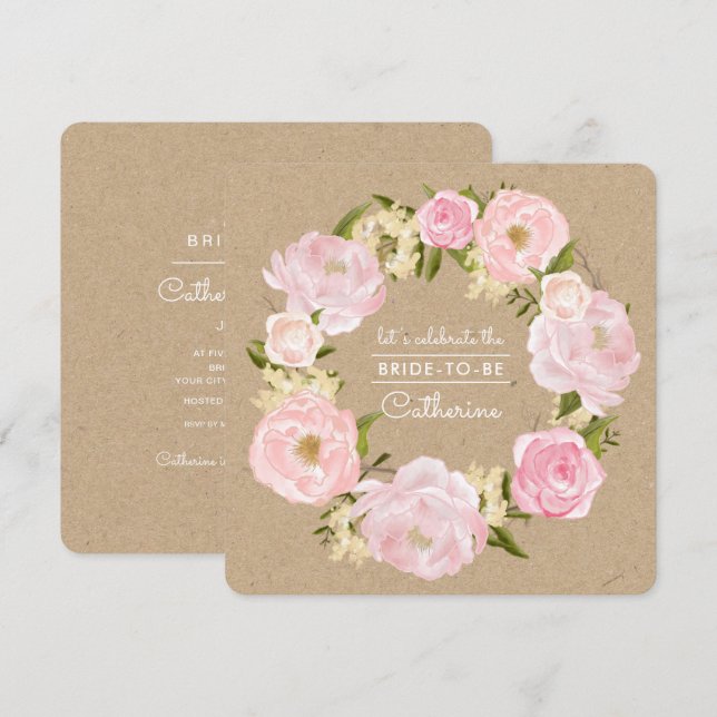 Blush Pink Peony Wreath Kraft Paper Brautparty Einladung (Vorne/Hinten)