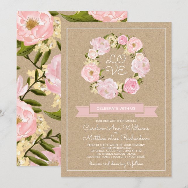 Blush Pink Peony Wreath Kraft Papier Hochzeit Einladung (Vorne/Hinten)