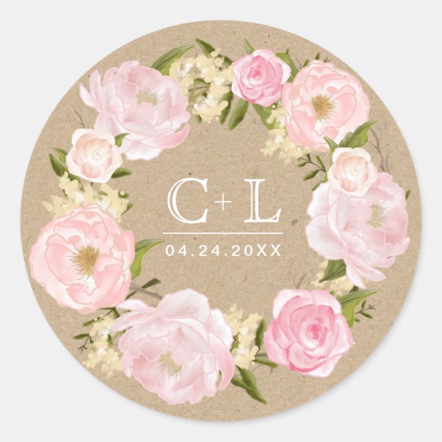 Blush Pink Peony Wreath Kraft Papier Hochzeit Runder Aufkleber (Vorderseite)
