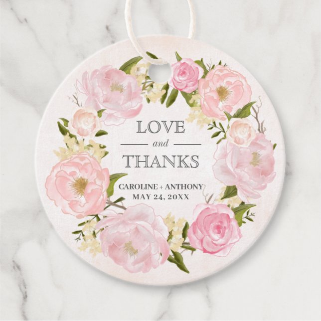 Blush Pink Peony Wreath Wedding Vielen Dank Geschenkanhänger (Vorderseite)