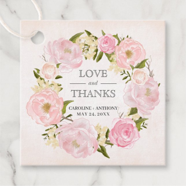 Blush Pink Peony Wreath Wedding Vielen Dank Geschenkanhänger (Vorderseite)