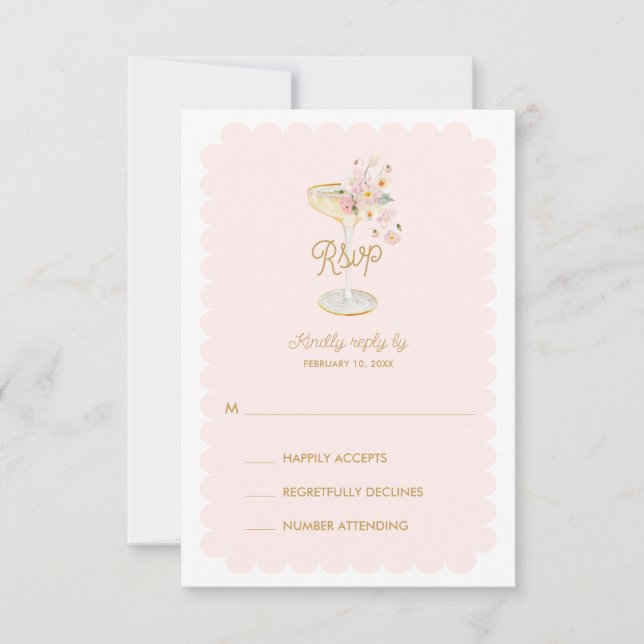Blush Pink Petals and Prosecco RSVP card Karte (Vorderseite)