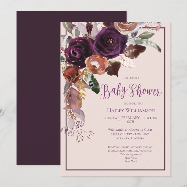 Blush Pink, Pflaume und Gold Floral Baby Dusche Einladung (Vorne/Hinten)