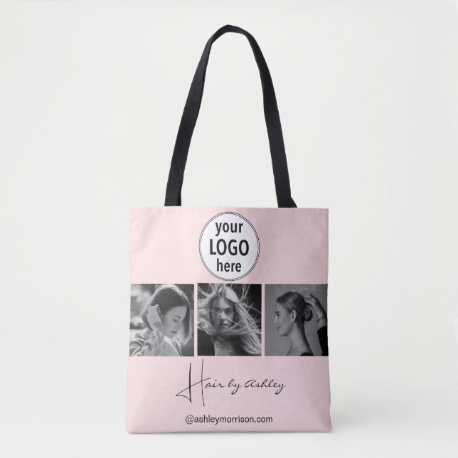 Blush Pink Photo Black Script Hair Stylist  Tasche (Vorderseite)