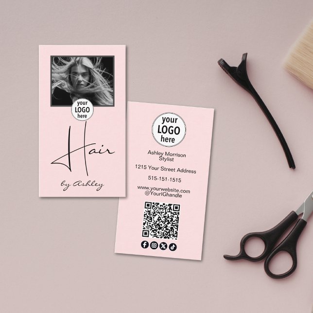 Blush Pink Photo Script Hair Logo QR Code Social  Visitenkarte (Von Creator hochgeladen)