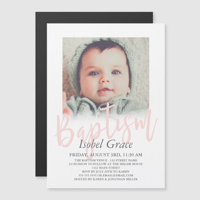 Blush Pink Pinselstriche Script Foto Taufe Magneteinladung (Vorne/Hinten)