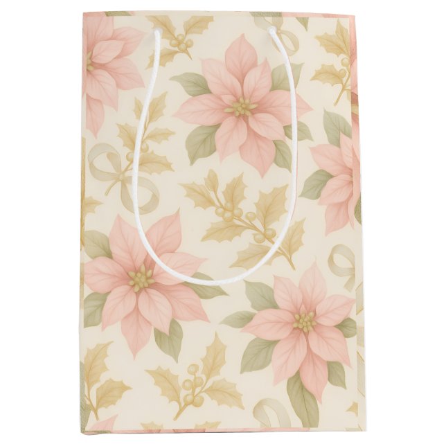 Blush Pink Poinsettia Holiday Gift Bag Mittlere Geschenktüte (Vorderseite)