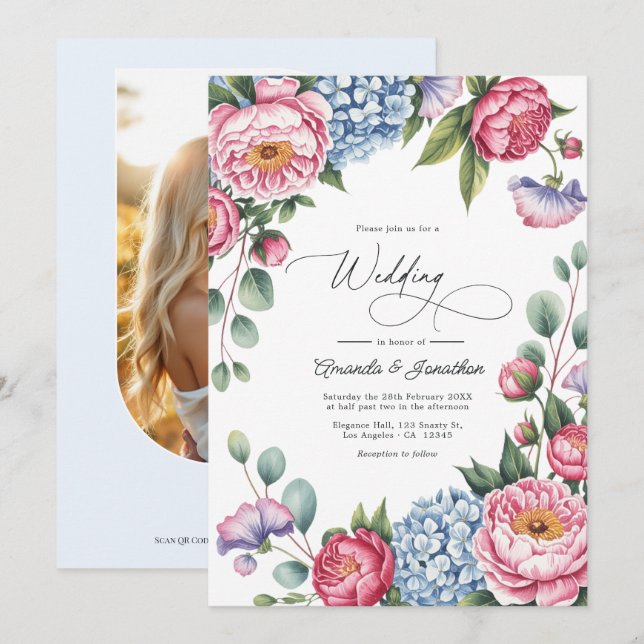 Blush Pink, Powder Blue & Lavender Floral Wedding Einladung (Vorne/Hinten)