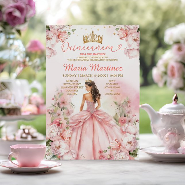 Blush Pink Princess Dress Floral Gold Mis Quince Einladung (Von Creator hochgeladen)