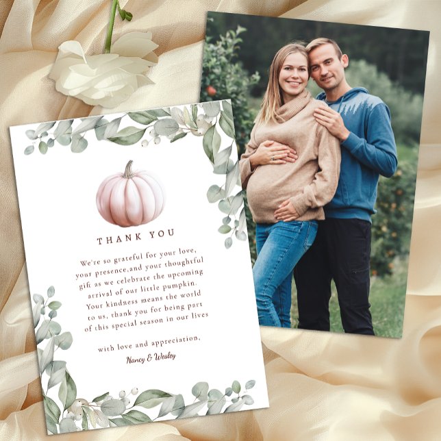 Blush Pink Pumpkin Fall Baby Shower Thank You Card Dankeskarte (Photo Thank You Card - Blush Pink)