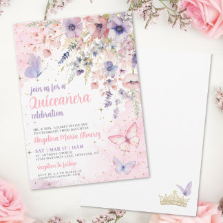 Blush Pink Purple Floral Butterfly Quinceanera Einladung