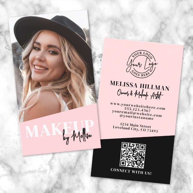 Blush Pink QR Code Photo Logo Makeup Vertical Visitenkarte (Blush Pink QR Code Photo Logo Makeup Vertical Business Card)