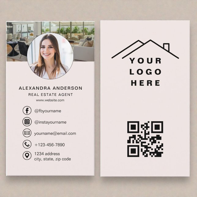 Blush Pink QR Code Real Estate Agent Photo Logo Visitenkarte (Von Creator hochgeladen)