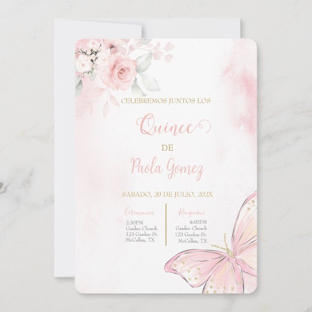 Blush Pink Quinceanera Einladung (Vorderseite)